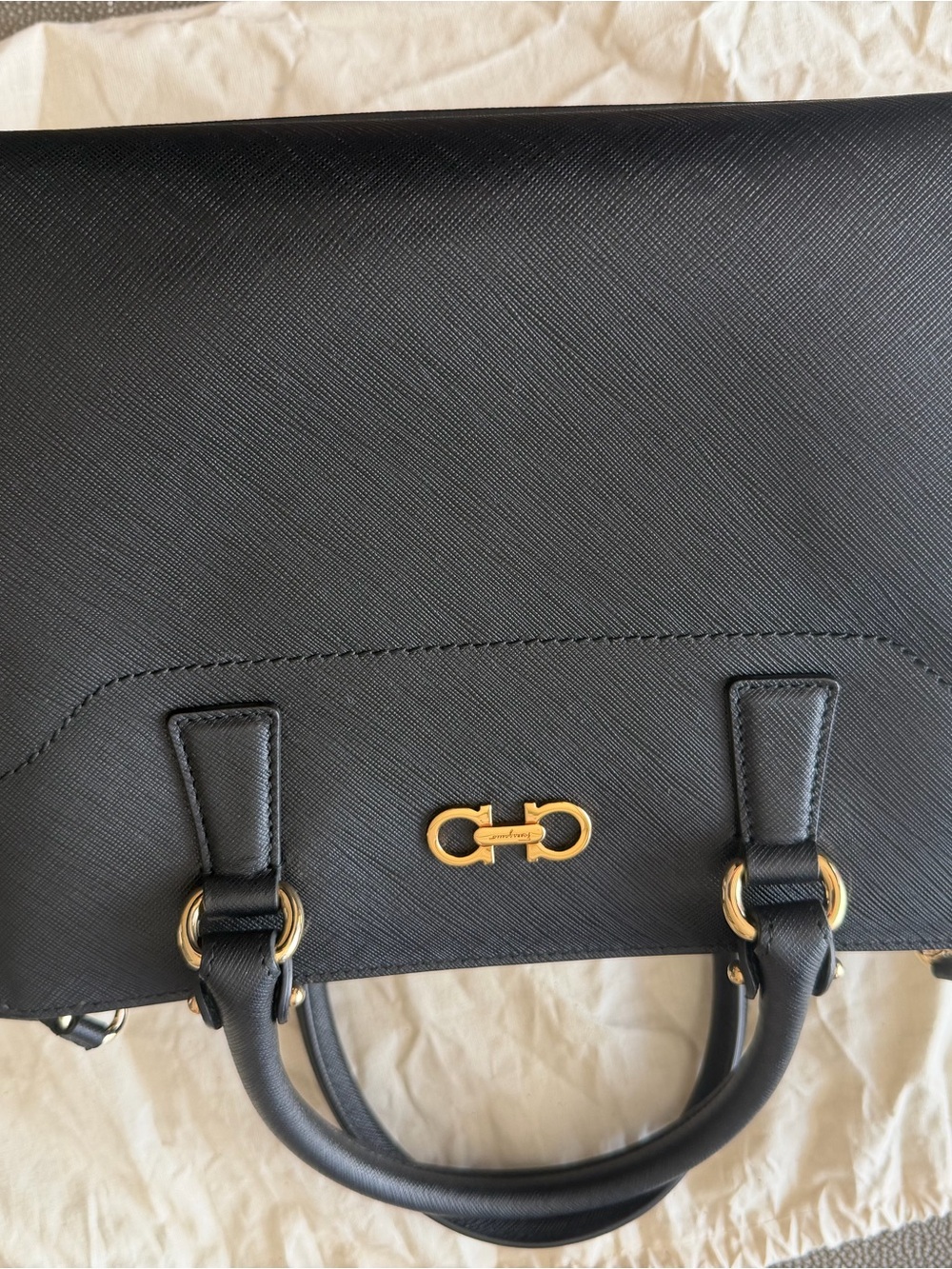 Salvatore Ferragamo Black Leather Satchel with Gold Gancini Hardware - Picture 7 of 13